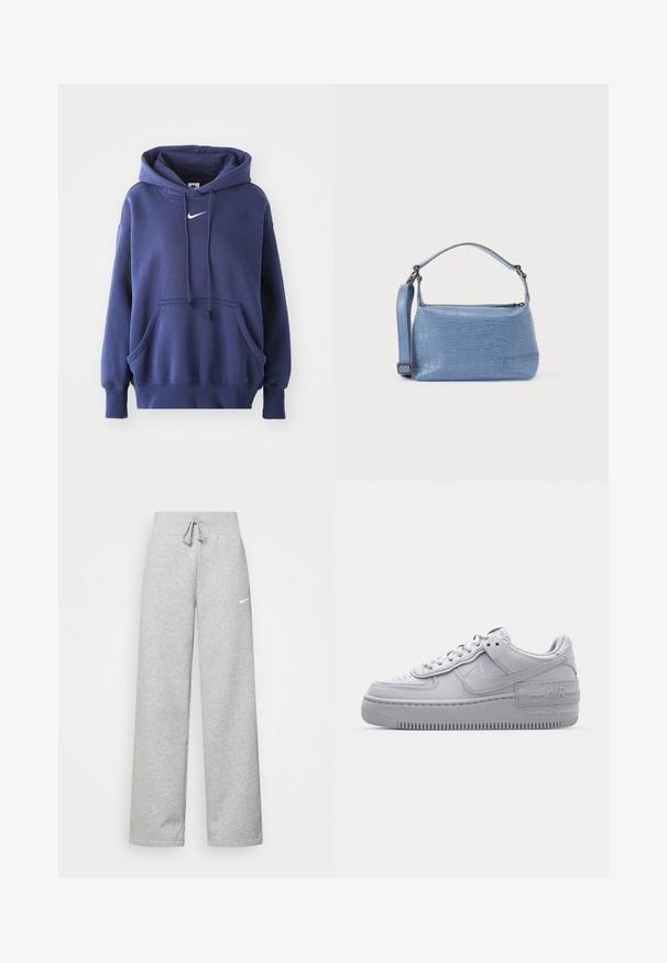 Mørkeblå hoodie lavet af blødt bomuldsblandingsmateriale, med en frontlomme, snøre i hætten og hvidt Nike-logo på brystet.; Grå sweatpants med elastisk talje, snor detaljer og et lille hvidt Nike-logo på venstre lår. Blødt stof, løs pasform.; Grå Nike Air Force 1 sneakers med perforeret tå, glat læderoverdel, tyk sål og præget 'AIR' detalje på hælen.; Lyseblå taske med krokodillepræg, kort håndtag og aftagelig skulderrem. Glat tekstur med lynlås.