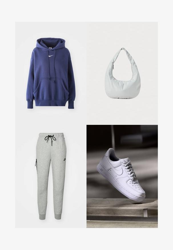 Tumed sinine kapuutsiga sviiter, mis on valmistatud pehmest puuvillasegistusest. Omab eesmise tasku, reguleeritavat kapuutsi ja valget Nike logo rinnal.; Hallide hallis dressipüksid pehmest kangast, millel on nööriga vöökoht, kitsenevad sääred ja lukuga tasku vasakul küljel. Omab musta logo.; Valge Nike Air Force 1 toss, mis hõljub betoonpinna kohal, varjud minimalistlikus keskkonnas.; Pehmea, heleda halli hobo-kott, mis on valmistatud sünteetilisest materjalist. Omab ühte pehmendatud sangaga kät ja külgmist lukkudega taskut.