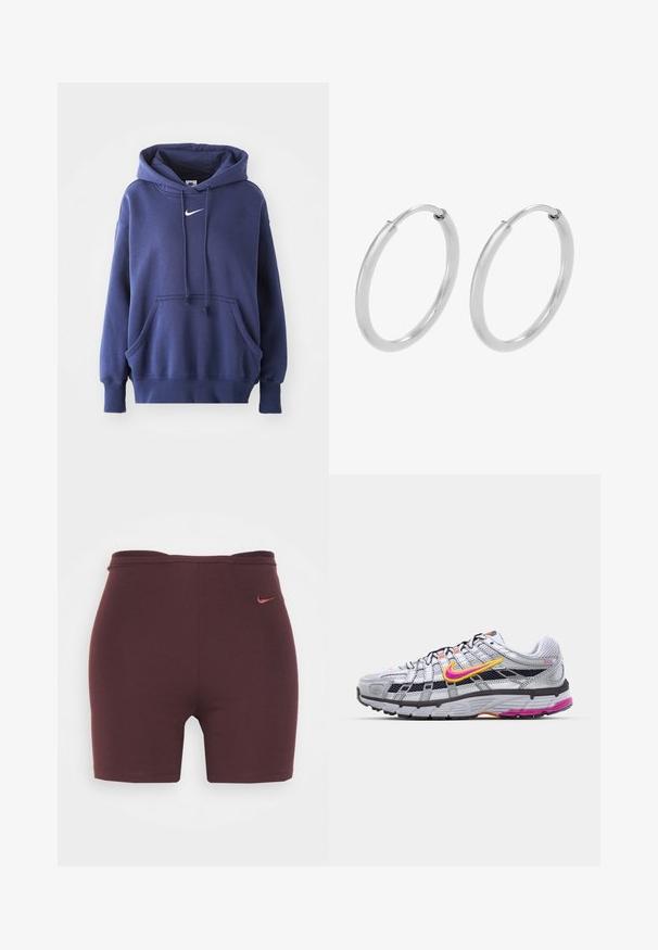 Marineblauwe hoodie, gemaakt van een zachte katoenmix, met een voorzak, een trekkoordkap en een wit Nike-logo op de borst.; Bordeaux sportshorts met een hoge taille, gemaakt van rekbare stof, met een klein Nike-logo in een contrasterende kleur aan de linkerkant.; Grijze mesh hardloopschoen met een opvallende roze en gele swoosh, zwarte accenten en een gestructureerde rubberen zool. Kenmerkt zich door een verstevigde neus en een gevoerde kraag.; Zilveren hoepeloorbellen, cirkelvormig, met een gladde glanzende textuur en een constante breedte. Minimalistisch ontwerp zonder extra accenten.