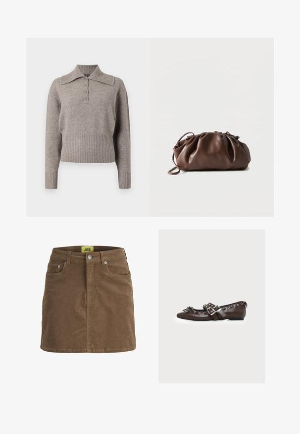 Pull en maille gris clair avec un col, fermeture à boutons sur le devant et ourlet et poignets côtelés. Texture douce et design décontracté.; Mini-jupe en velours côtelé marron avec boutons et fermeture éclair à l'avant, passants pour ceinture et poches avant, avec une étiquette jaune JJXX à l'intérieur de la ceinture.; Chaussure plate en cuir marron avec doubles brides argentées à boucle, lacets décoratifs le long des bords, et un petit nœud sur la pointe pointue.; Sacoche en cuir marron doux avec un haut froncé et une fine bandoulière, posée sur un fond blanc.