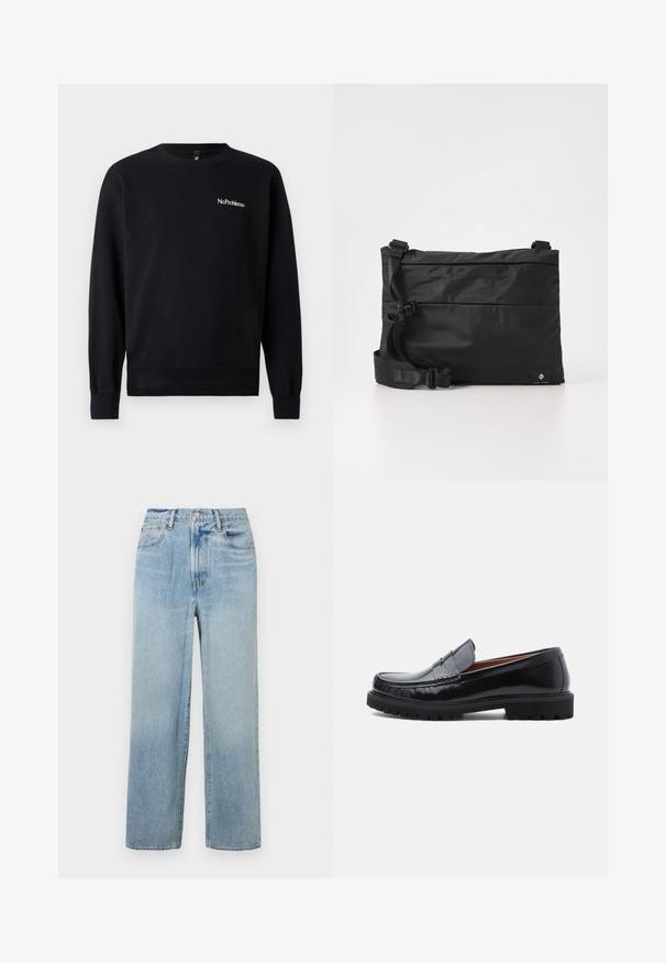 Schwarzer Hoodie aus weichem Material, mit Rundhalsausschnitt, langen Ärmeln, gerippten Bündchen und einem weißen "NoProblemo" Textlogo auf der Brust.; Helle blaue, gerade geschnittene Denim-Jeans mit hoher Taille, fünf Taschen und dezenten Verwaschungen. Rohem Saum und kontrastierenden Nähten.; Schwarze Leder-Penny-Loafer mit strapazierfähiger Gummisohle und Mokassin-Stich, seitlich auf einem weißen Hintergrund dargestellt.; Schwarze Nylon-Umhängetasche mit verstellbarem Riemen, flachem Design und seitlichem Etikett mit Logo. Glatte Textur und minimalistischer Stil.