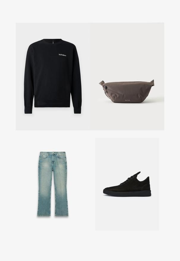 Zwarte sweatshirt gemaakt van zachte stof, met een ronde hals, lange mouwen, ribgebreide manchetten en een witte "NoProblemo" tekstlogo op de borst.; Lichtblauwe spijkerbroek met lichte vervaging, een rechte pijp, voorste knoopsluiting en vijfzakkenmodel op een witte achtergrond.; Zwarte suède sneakers met een lage profiel, ronde neus en een gestructureerde rubberen zool. Beschikt over vijf veterogen en een achterste lus.; Donkerbruine stoffen heuptas met diagonale ritssluiting en klein wit logo aan de voorkant, tegen een effen lichte achtergrond.
