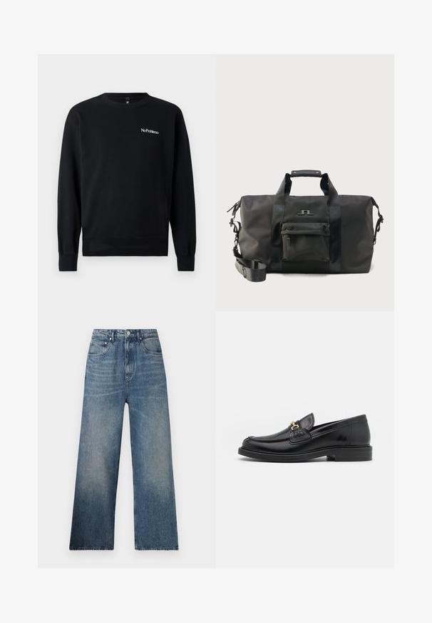 Schwarzer Hoodie aus weichem Material, mit Rundhalsausschnitt, langen Ärmeln, gerippten Bündchen und einem weißen "NoProblemo" Textlogo auf der Brust.; Blaue Denim-Hosen mit weitem Bein und hohem Bund, mit subtilen Verfärbungen, fünf Taschen und einem Metallknopfverschluss vorne.; Schwarze Lederleter mit einer abgerundeten Zehenpartie, ausgestattet mit goldenen Hardwareakzenten und Stichdetails, auf einer niedrigen, strukturierten Gummisohle.; Schwarze Reisetasche mit zwei Griffen, verstellbarem Schultergurt, Reißverschlussfach vorne und minimalistischem Logo vor einfarbigem Hintergrund.