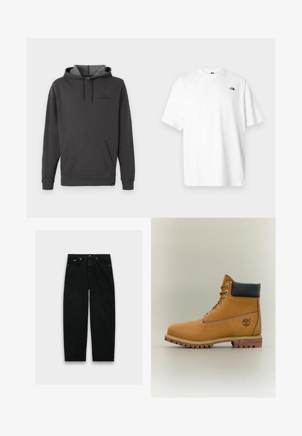 Sudadera con capucha de color gris oscuro, con interior forrado de felpa, bolsillo tipo canguro frontal, puños y dobladillo acanalados, y un sutil logo en el pecho.; Camiseta blanca de algodón con mangas cortas, diseño de cuello en V, con un pequeño logo negro en la parte superior izquierda. Textura suave, ajuste relajado.; Vaqueros negros de talle alto y pierna recta con cinco bolsillos, cierre de botón y trabillas para cinturón sobre fondo blanco.; Bota de tobillo de cuero marrón con cuello negro, cordones amarillos y suela beige. Presenta un logotipo y detalles de costura blanca. Suela exterior con tracción robusta.