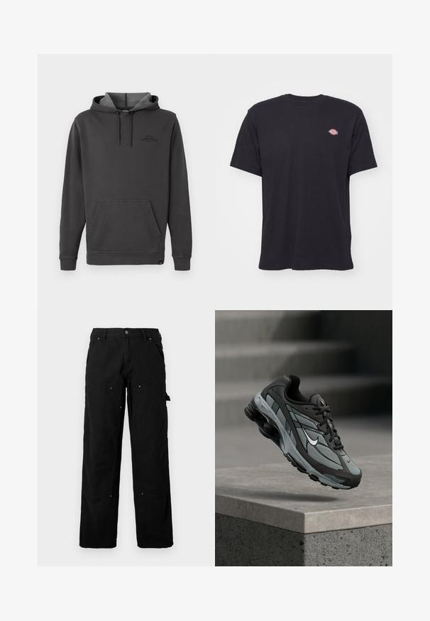 Mørkegrå hættetrøje med fleece-foring, frontlomme til hænderne, ribstrikkede håndled og kant, samt et diskret logo på brystet.; Sort kortærmet t-shirt med rund hals og et lille farverigt Dickies-logo på venstre bryst mod en ensfarvet baggrund.; Sorte cargo bukser lavet af slidstærkt stof med flere lommer, en afslappet pasform, synlige sømme og trykknapdetaljer.; Grå og sort atletiksko med meshpaneler og tyk sål, placeret i luften over en betonliste med trapper i baggrunden.