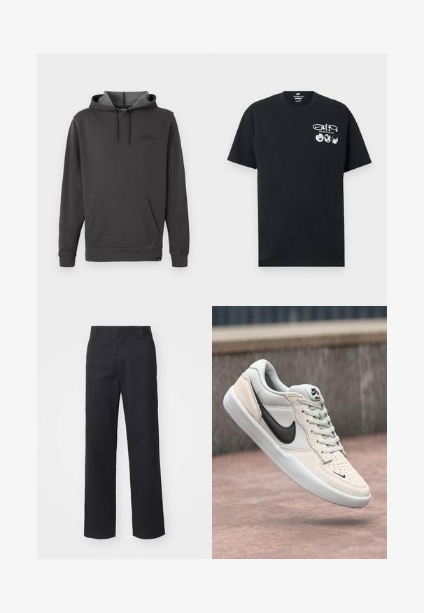 Tmavošedá mikina s kapucňou a fleecovou podšívkou, predné klokanie vrecko, rebrované manžety a lem, a jemné logo na hrudi.; Čierne tričko Nike s krátkym rukávom s bielym nápisom "Nature in Motion", tromi ikonami Zeme a grafikou loga Nike na ľavej strane hrudníka.; Čierne nohavice s rovnými nohavicami vyrobené z kombinácie bavlny. Majú plochý pás s pútkami na opasok a žiadne viditeľné kovania ani ozdoby.; Nike SB tenisky v svetlo šedej a smotanovej farbe, so zvrškom z semišu, čiernym swooshom, textúrovanými detailmi a bielou gumovou podrážkou.