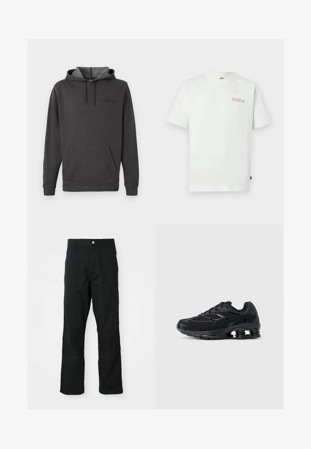 Sudadera con capucha de color gris oscuro, con interior forrado de felpa, bolsillo tipo canguro frontal, puños y dobladillo acanalados, y un sutil logo en el pecho.; Camiseta blanca de algodón con mangas cortas, cuello redondo y un logotipo rosa "Dickies" en el área izquierda del pecho. Textura suave.; Pantalones rectos negros con cierre de botón y cremallera, lazos para cinturón y bolsillos laterales, exhibidos sobre un fondo blanco.; Zapatilla deportiva negra con parte superior de malla, cuello acolchado y tecnología de amortiguación prominente en el talón. Presenta detalles texturizados y cordones.
