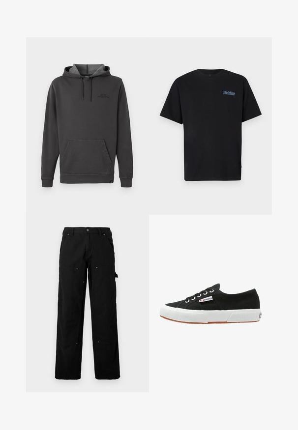 Sudadera con capucha de color gris oscuro, con interior forrado de felpa, bolsillo tipo canguro frontal, puños y dobladillo acanalados, y un sutil logo en el pecho.; Camiseta negra de algodón con mangas cortas y cuello redondo. Presenta el logotipo "Dickies" bordado en azul en el área del pecho izquierdo.; Pantalones cargo negros hechos de tejido duradero, con múltiples bolsillos, un ajuste relajado, costuras visibles y detalles de botones a presión.; Zapatilla de lona negra con suela de goma blanca y suela de goma marrón. Presenta puntera redonda, diseño de cordones y pequeña etiqueta de logo en el lateral.