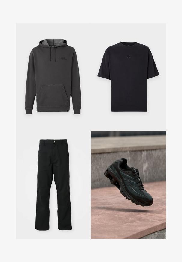 Tumehall kapuutsvägi, mille sees on fliisvooder, ees kangaroo-tasku, soonikkoes varrukad ja hem ning rinnal diskreetne logo.; Oakley RISE TEE - Lihtne T-särk - blackout; Mustad sirgedega püksid, millel on nupuga ja tõmbluku sulgemine, vöökohad ja küljetaskud, esitatud valge tausta ees.; Must sportlik toss nähtava õhkpadi keskmise tallaga, hõljudes roosa kivipinna kohal, mille taustal on hall kivimüür.