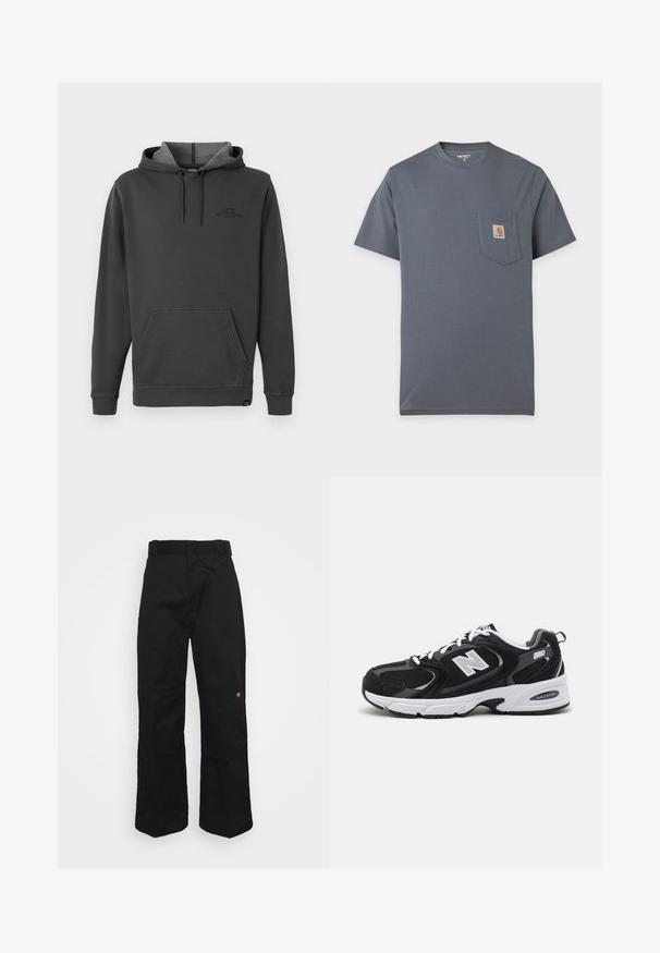 Sudadera con capucha de color gris oscuro, con interior forrado de felpa, bolsillo tipo canguro frontal, puños y dobladillo acanalados, y un sutil logo en el pecho.; Camiseta gris de manga corta con un bolsillo delantero que tiene un pequeño parche cuadrado con el logo de Carhartt en el pecho.; Pantalones negros hechos de tela resistente, con un diseño de pierna recta, trabillas para cinturón y un pequeño logo en el lateral inferior.; Zapatillas deportivas en negro y gris con parte superior de malla y ante, que cuentan con una entresuela blanca, cordones y un llamativo logo "N" en el lateral.