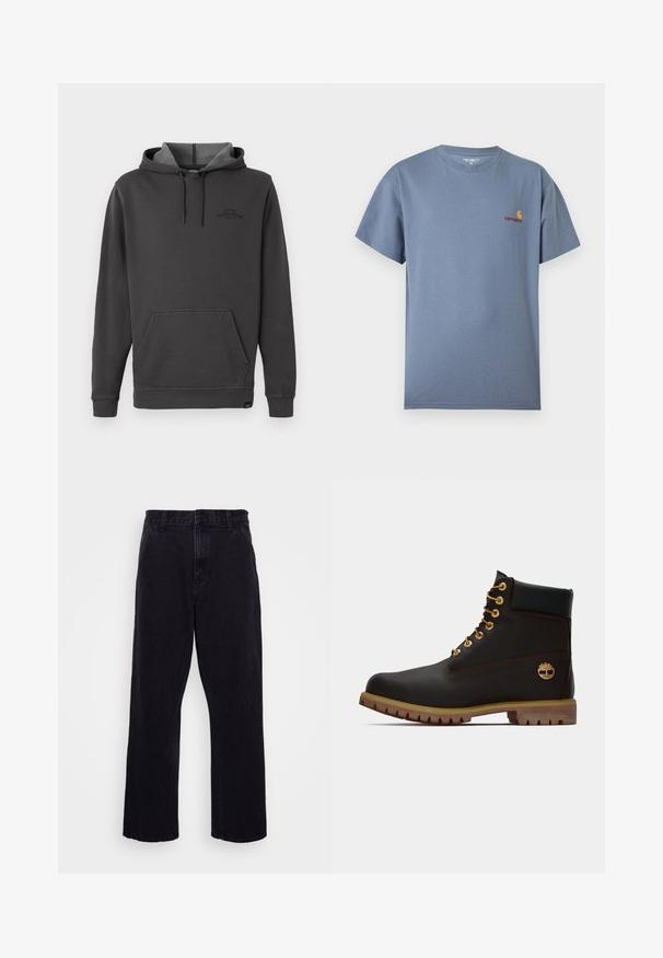 Sudadera con capucha de color gris oscuro, con interior forrado de felpa, bolsillo tipo canguro frontal, puños y dobladillo acanalados, y un sutil logo en el pecho.; Camiseta sólida azul pizarra de manga corta con logo pequeño de Carhartt en rojo y amarillo en el pecho izquierdo.; Pantalones de mezclilla negros con un diseño de pierna recta, que cuentan con un cierre de botón y cremallera, presillas para cinturón y detalles de costura mínimos.; Bota de cuero negro de tobillo con ojales dorados, acentos marrones y suela de goma. Presenta un cuello acolchado y un logotipo en relieve en el costado.