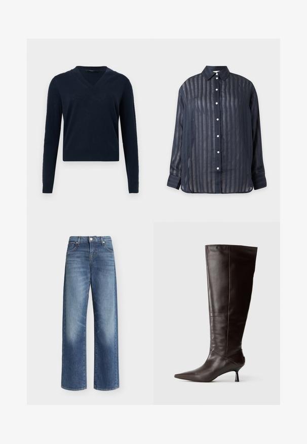 Pull bleu marine à col en V avec manches longues, poignets et ourlet côtelés, présenté sur un fond gris clair.; Chemise transparente bleu marine foncé à boutons, rayures verticales, manches longues et col pointu, présentée sur un fond uni.; Jean bleu à jambes larges avec taille haute, fermeture à bouton et zip, poches avant et arrière, et détails légèrement délavés sur les cuisses.; Botte en cuir marron, hauteur genou, avec un bout pointu et un talon fin. Texture lisse et design élégant, arborant une silhouette minimaliste.