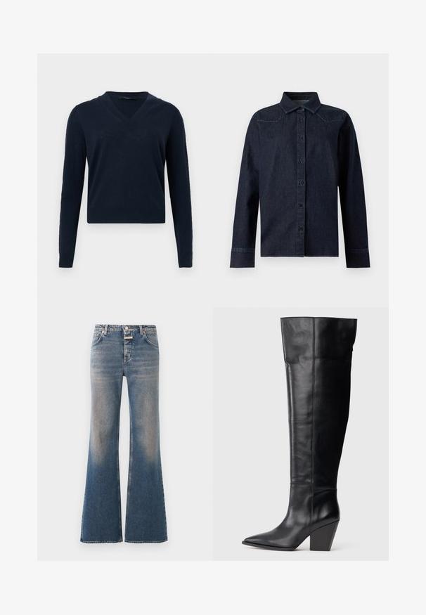 Pull bleu marine à col en V avec manches longues, poignets et ourlet côtelés, présenté sur un fond gris clair.; Chemise en denim bleu foncé à manches longues, boutonnée sur le devant, col pointu, avec des détails de couture simples aux épaules et aux poignets.; Jean en denim bleu délavé avec une taille haute, style classique cinq poches, fermeture par boutons et jambes évasées larges.; Botte noire en cuir, à bout pointu, avec un talon bloc haut et anglé, et des coutures verticales le long de la tige.