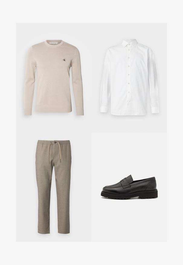 Suéter de punto color beige hecho de una mezcla de algodón, con cuello redondo y puños acanalados. Sutil logotipo 'CK' bordado en el pecho.; Camisa de vestir blanca de manga larga con botones, cuello abierto y puños abotonados, mostrada sobre un fondo blanco liso.; Pantalones beige con una cinturilla elástica, cierre de cordón y corte recto. El material tiene una textura sutil.; Mocasín de cuero negro con punta redonda, detalles de costura y suela gruesa y texturizada. Presenta un diseño elegante y minimalista.