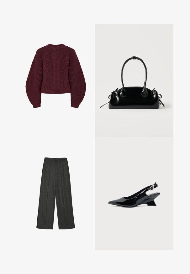 Pull en tricot bordeaux avec des motifs de câbles texturés, col rond et manches bouffantes. Les poignets et l'ourlet côtelés soulignent le design.; Pantalons larges gris foncé en tissu texturé, avec une taille haute et deux plis avant pour un détail de design supplémentaire.; Chaussure slingback en cuir verni noir avec bout pointu et petit talon bloc incliné sur fond clair uni.; Petit sac à main noir brillant avec deux longues anses et des détails à cordon sur les côtés sur un fond clair uni.