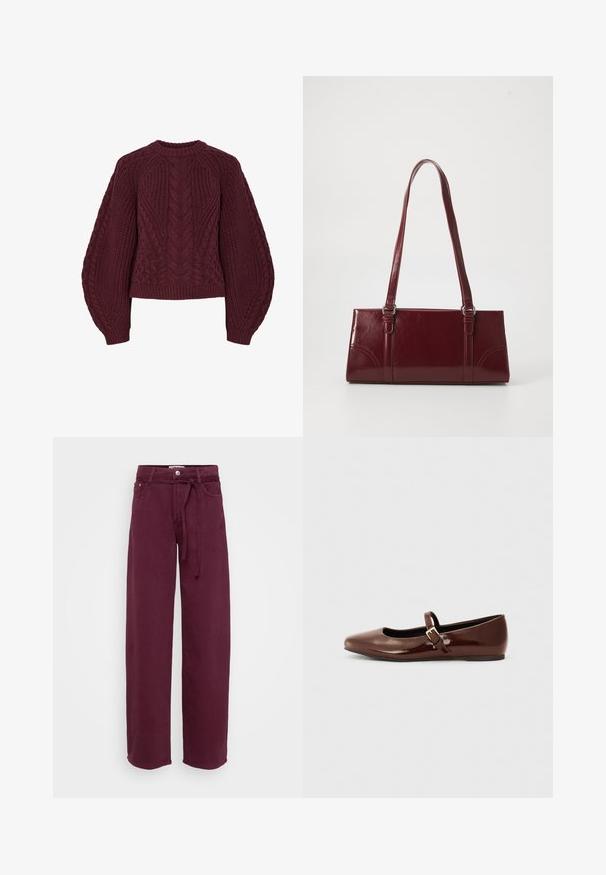Pull en tricot bordeaux avec des motifs de câbles texturés, col rond et manches bouffantes. Les poignets et l'ourlet côtelés soulignent le design.; Pantalons larges bordeaux en coton, dotés d'une taille à lien, de deux poches avant et d'une fermeture à bouton. Texture lisse, sans motifs.; Ballerine en cuir verni marron avec un bout carré et une lanière ornée d'une petite boucle dorée. Texture lisse, talon bas et design minimaliste.; Sac à main bordeaux en matériau brillant, de forme rectangulaire, avec deux anses et des accents légèrement courbés à l'avant.