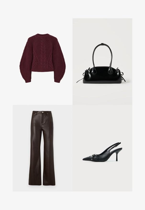 Pull en tricot bordeaux avec des motifs de câbles texturés, col rond et manches bouffantes. Les poignets et l'ourlet côtelés soulignent le design.; Vero Moda Wide-leg VMTESSA High rise - Pantalon classique - chocolate torte; Escarpin slingback à talon haut en cuir noir avec bout pointu, boucle et détail de bride œillet à l'avant.; Petit sac à main noir brillant avec deux longues anses et des détails à cordon sur les côtés sur un fond clair uni.