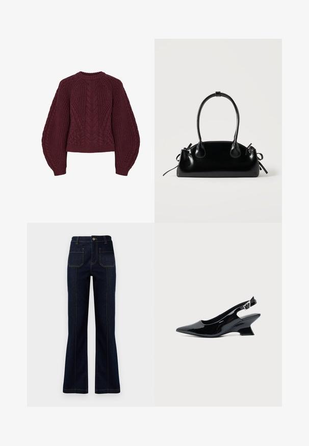 Pull en tricot bordeaux avec des motifs de câbles texturés, col rond et manches bouffantes. Les poignets et l'ourlet côtelés soulignent le design.; Jeans évasés bleu foncé en denim, dotés d'une taille haute, de deux poches arrière et de coutures visibles le long des coutures.; Chaussure slingback en cuir verni noir avec bout pointu et petit talon bloc incliné sur fond clair uni.; Petit sac à main noir brillant avec deux longues anses et des détails à cordon sur les côtés sur un fond clair uni.