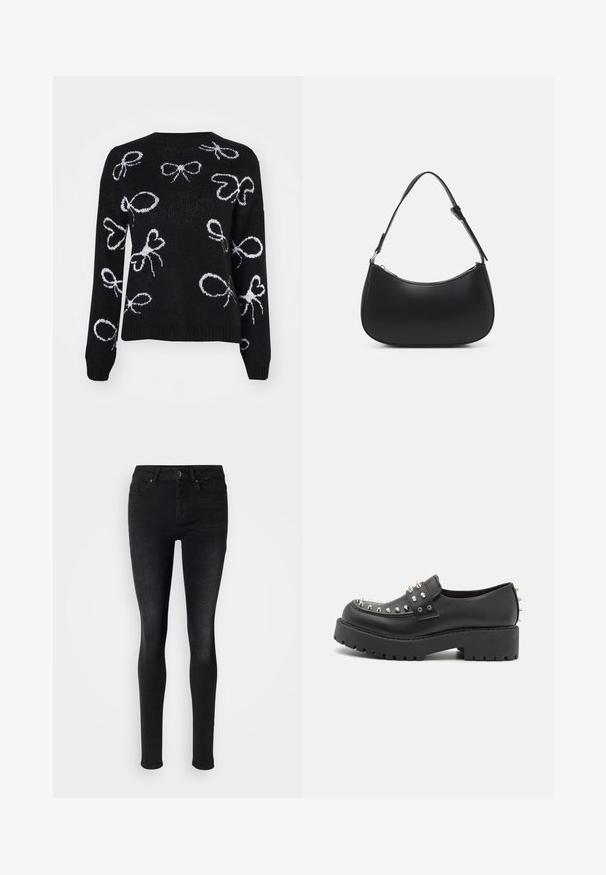 ONLY ONLLOUI BOW - Πουλόβερ - black/cloud dancer; Μαύρα skinny τζιν από τζιν ύφασμα, με κλασικό σχέδιο πέντε τσεπών, μπροστινό κούμπωμα με κουμπί, και λεία, ελαφρώς φθαρμένη υφή.; Monki Παπούτσια χωρίς κορδόνια - black dark; Pieces PCALUANA SHOULDER BAG - Τσάντα χειρός - black