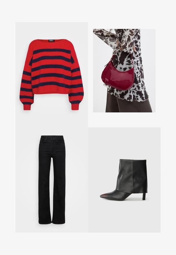 Rød strikket sweater med marineblå vandrette brede striber, lange ærmer, rund halsudskæring og ribbede manchetter og kant.; Høj talje sorte vide jeans med en glat denimstruktur, fem lommer og knaplukning. Klassisk design og alsidig pasform.; Sort ankelstøvle lavet af glat læder med spids tå og tilspidset hæl. Overdelen har et let rynket design.; Kvinde iført en sort- og hvidmønstret bluse, der holder en blank rød skuldertaske mod en ensfarvet baggrund.