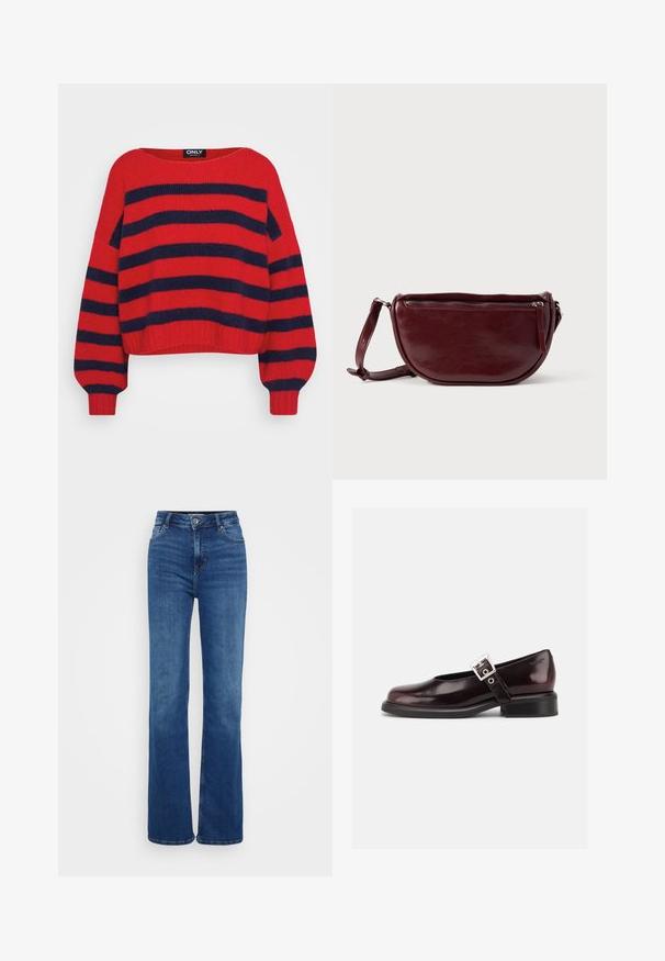Rød strikket sweater med marineblå vandrette brede striber, lange ærmer, rund halsudskæring og ribbede manchetter og kant.; Højtaljede flared jeans i mørkeblåt denim. Har fem lommer, diskret syning og knaplukning. Glat tekstur med en klassisk pasform.; En enkelt blank mørk burgunder Mary Jane sko med bred rem og sølvspænde, lav blokhæle og rundet tå på hvid baggrund.; Vinrød læderhåndtaske med halvmåneform, lynlås og aftagelig rem. Glat tekstur med en subtil glans.