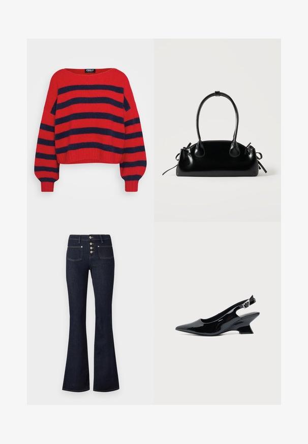 Rode gebreide trui met marineblauwe horizontale brede strepen, lange mouwen, ronde halslijn en geribbelde manchet- en onderrand.; Donkerblauwe high-waist flared jeans met knoopsluiting aan de voorkant, twee voorzakken en gele stiksels op een lichte achtergrond.; Zwarte lakleren slingback schoen met spitse neus en lage schuine blokhak op een effen lichte achtergrond.; Kleine zwarte glanzende handtas met twee lange hengsels en zijkant trekkoord details op een effen lichte achtergrond.