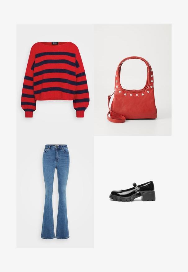 Rode gebreide trui met marineblauwe horizontale brede strepen, lange mouwen, ronde halslijn en geribbelde manchet- en onderrand.; Lichtblauwe flare denimjeans met vijf zakken, een knoopsluiting aan de voorkant en contrasterende stiksels. De stof heeft een gladde textuur.; Zwarte gepatineerde leren Mary Jane-schoen met een chunky hak, ronde neus en een bandje met een hartvormige gesp.; Rode leren handtas met zilveren studs rond de bovenrand en handvatten, met een afneembare schouderriem op een effen achtergrond.