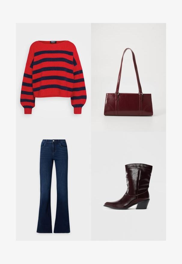 Rode gebreide trui met marineblauwe horizontale brede strepen, lange mouwen, ronde halslijn en geribbelde manchet- en onderrand.; Donkerblauwe denim jeans met wijde pijpen, voorzakken en een knoopsluiting in de taille.; Bordeaux leren enkellaarsjes met een spitse neus, textuur op het oppervlak en een taps toelopende lage hak. Heeft subtiele stiksels en een strakke pasvorm.; Bourgondische handtas van glanzend materiaal, rechthoekige vorm, met twee schouderbanden en subtiele gebogen accenten aan de voorkant.
