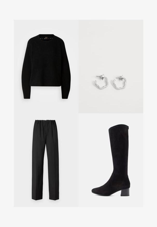 Pull en maille noir avec un col rond et une texture côtelée. Présente des détails subtils autour de l'encolure et des manches longues et droites.; Pantalon noir avec une coupe droite, doté d'une ceinture élastique et d'une texture lisse. Pas de motifs visibles ni de détails en métal.; Botte montante en daim noir avec un bout arrondi et un talon bloc. La botte présente une texture lisse et un design sans coutures.; Paire de petites boucles d'oreilles créoles en argent avec des formes ondulées irrégulières et des fermoirs à tétons sur fond blanc uni.