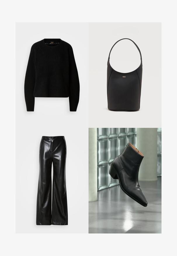 Pull en maille noir avec un col rond et une texture côtelée. Présente des détails subtils autour de l'encolure et des manches longues et droites.; Pantalons larges en cuir noir avec une texture lisse, taille haute et fermeture éclair frontale dissimulée. Coupe ajustée avec une finition soignée.; Bottine en cuir noir avec un bout pointu et un talon carré lévitant au-dessus d'un sol gris réfléchissant près d'un mur en blocs de verre.; Sac seau en cuir noir avec une seule bandoulière et un petit logo BOSS doré centré près du haut à l'avant.