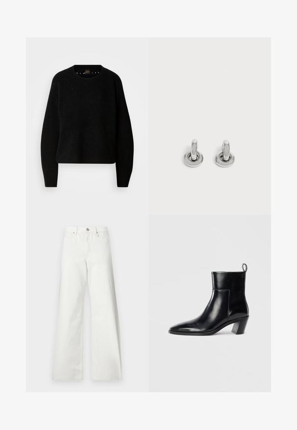 Pull en maille noir avec un col rond et une texture côtelée. Présente des détails subtils autour de l'encolure et des manches longues et droites.; Jean blanc taille haute à jambes larges, fermeture à boutons devant, passants de ceinture et poches avant sur fond uni.; Bottine en cuir noir avec un bout pointu, un talon empilé géométrique et une languette à l'arrière. Texture lisse et design épuré.; Paire de petites boucles d'oreilles créoles argentées brillantes avec une base ronde, présentées sur un fond clair uni.