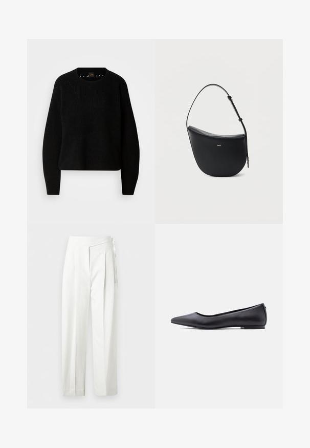 Sort strik sweater med rund hals og ribbet tekstur. Har subtil detaljering omkring halsudskæringen og lange, lige ærmer.; Hvide bukser med høj talje, plisseringer og detalje med sidesløjfe, med lige ben og skjult lukning.; Sort flad lædersko med spidst tåparti og lav hæl, vist i sideprofil mod en hvid baggrund.; Sort halv-måne skuldertaske i læder med justerbar rem og guld "BOSS"-logo centreret foran.