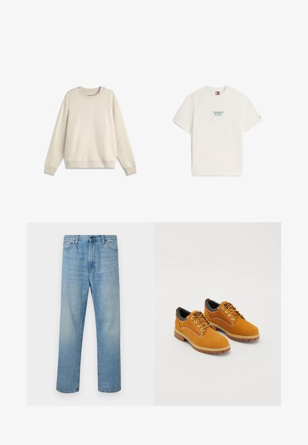 Sweat-shirt beige à col rond avec manches longues, poignets et ourlet côtelés, posé à plat sur un fond blanc.; T-shirt blanc cassé à manches courtes avec un petit texte devant "Tommy's Sailing Club New York City" et un petit logo de drapeau sur la manche gauche.; Jean bleu clair à jambes droites avec cinq poches et une fermeture par bouton, présenté à plat sur un fond blanc.; Chaussures en daim marron avec un bout rond, des lacets jaunes, un col rembourré noir et des semelles en caoutchouc avec des rainures de traction.