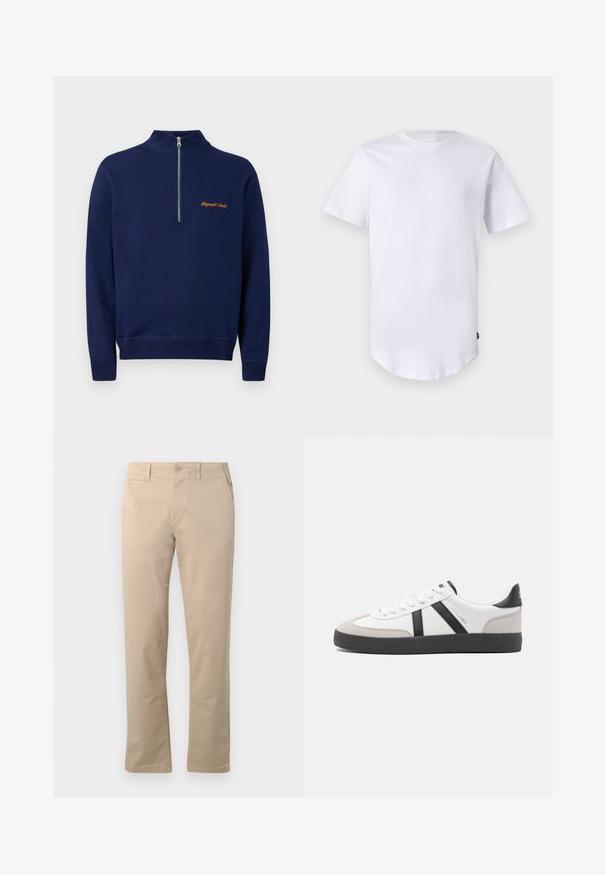 Tumesinine pika varrukaga pullover eest veerandi pikkuse luku ja vasakul rinnal väikese oranži tekstiga "Originals Studio."; Valge lühikeste varrukatega t-särk, mis on valmistatud puuvillast. Ümmargune kaelus ja kõver hem. Silt nähtav vasakul allservas. Sile tekstuur.; Kreemi värvi puuvillased chinod, millel on sirge sääre disain, traditsiooniline nööbi sulgemine ja küljetaskud puhta õmblusega.; Valged tossud mustade ja hallide aktsentidega, tekstureeritud halli varbakattega, musta kummitald ja lamedad valged paelad. Puhtad jooned, minimalistlik stiil.