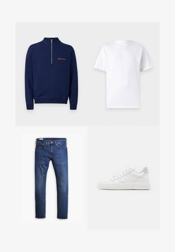 Tumesinine pika varrukaga pullover eest veerandi pikkuse luku ja vasakul rinnal väikese oranži tekstiga "Originals Studio."; Valge lühikeste varrukatega T-paita, mis on valmistatud puuvillast, laheda kaelusega. T-särk on sileda tekstuuri ja lihtsa disainiga, ilma mustrite või aksessuaarideta.; Sinine teksapüksid sirge sääre lõikega, viie taskuga, nööbiga ja tõmblukuga, kontrastsete kuldsete õmblustega.; Valged nahast spordijalatsid siledast nahast viimistlusega, ümarate varvastega, lamekestega ja tekstuuriga tallaga. Hall suede aktsent kanna juures.