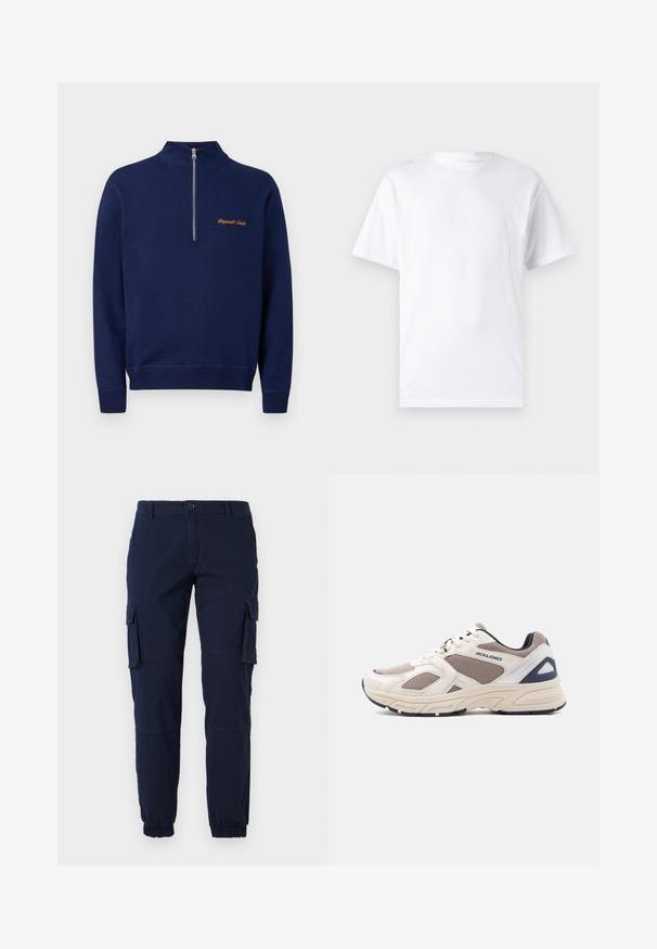 Marineblauer Pullover mit langen Ärmeln, einem Viertelreißverschluss vorne und kleinem orangefarbenem Text auf der linken Brust mit der Aufschrift „Originals Studio.“; Weißes kurzärmeliges T-Shirt aus Baumwolle mit Rundhalsausschnitt, das eine glatte Textur und ein einfaches Design ohne Muster oder Akzente aufweist.; Marine Cargo-Hosen mit elastischen Bündchen, mehreren Seitentaschen und einem Reißverschluss. Hergestellt aus einem strapazierfähigen Stoff mit glatter Textur.; Beige und taupefarbener Mesh- und synthetischer Sportschuh mit Schnürung vorne, gepolsterter Sohle und "JACK & JONES" Logo an der Seite.