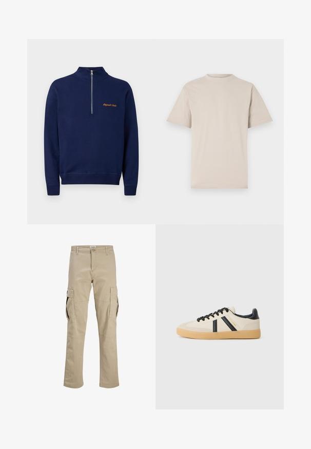 Marineblauwe trui met lange mouwen, een kwart rits aan de voorkant en kleine oranje tekst op de linkerborst met de tekst "Originals Studio."; Beige t-shirt met korte mouwen, ronde hals, gemaakt van een gladde katoenstof, met een relaxed fit en zonder zichtbare patronen of versieringen.; Beige cargobroek met knoopsluiting, riemlussen en grote klepzakken op beide dijen, plat weergegeven op een witte achtergrond.; Casual sneakers in crème met zwarte strepen, voorzien van een gestructureerde bovenkant en een gumrubberen zool. Veters zijn zwart. Subtiel logo aan de zijkant.