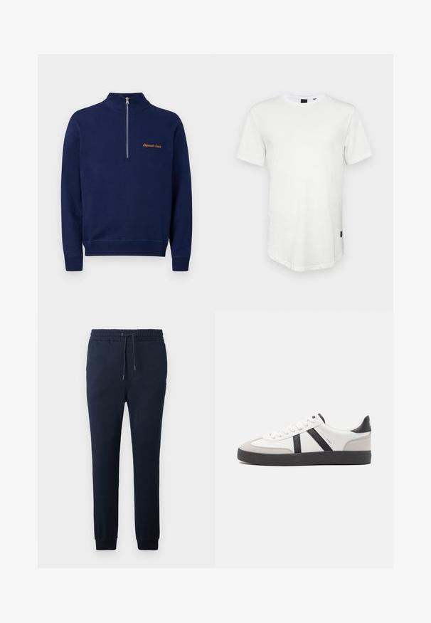 Marineblauwe trui met lange mouwen, een kwart rits aan de voorkant en kleine oranje tekst op de linkerborst met de tekst "Originals Studio."; Witte t-shirt met korte mouwen, gemaakt van katoen, met een ronde halslijn en een iets verlengde achterkant, voorzien van een klein logo-accent aan de zijkant.; Marineblauwe sweatpants van zachte stof, met een elastische tailleband met trekkoord, taps toelopende benen en aansluitende boorden bij de enkels.; Witte sneaker met zwarte en grijze accenten, voorzien van een grijze neus met textuur, zwarte rubberen zool en platte witte veters. Schoon ontwerp, minimalistische stijl.