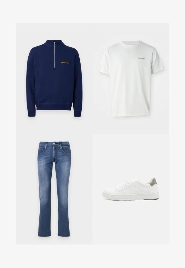 Marineblauwe trui met lange mouwen, een kwart rits aan de voorkant en kleine oranje tekst op de linkerborst met de tekst "Originals Studio."; Witte katoenen t-shirt met een ronde halslijn en korte mouwen, met een klein marineblauw logo met de tekst "PEPE JEANS LONDON" op de borst.; Blauwe denim straight-leg jeans met een voorknop, rits en voor- en achterzakken op een witte achtergrond.; Witte sneaker van glad leer met een ronde neus, minimalistisch ontwerp, grijze hielaccent en een geplaatste rubberen zool.