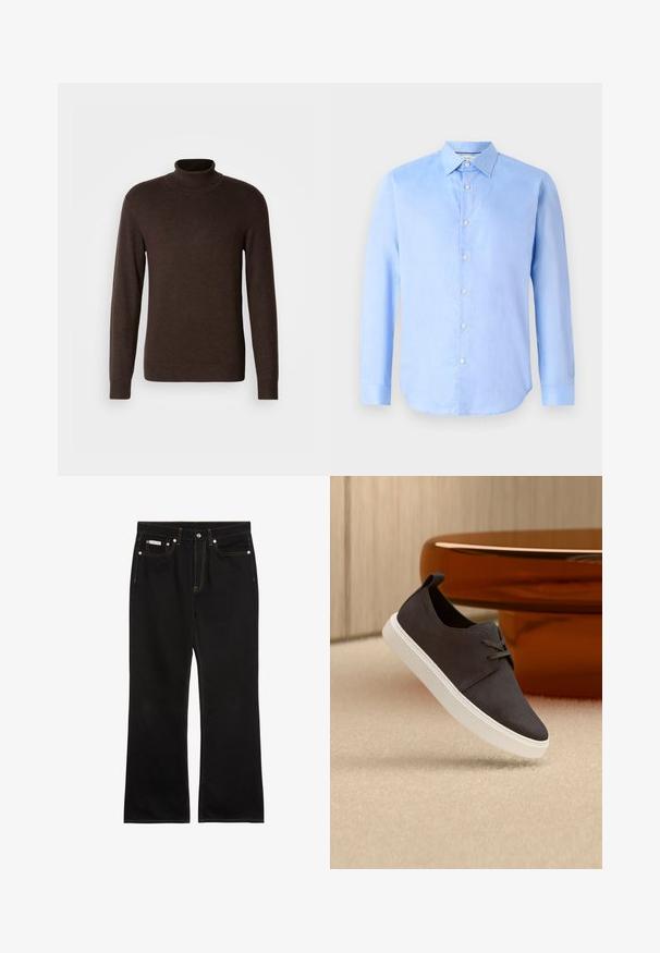 Pull en col roulé marron en matériau doux, avec des manches longues et un col côtelé. Texture lisse avec une coupe ajustée.; Chemise boutonnière à manches longues bleu clair en tissu tissé. Présente un col classique et six boutons sur le devant. Texture lisse et coupe ajustée.; Jean noir droit avec coutures orange, cinq poches, fermeture par bouton, et une petite étiquette Calvin Klein sur la poche avant droite.; Chaussure décontractée à lacets en daim gris foncé avec semelle blanche suspendue au-dessus d'un tapis beige, avec une table moderne translucide marron en arrière-plan.