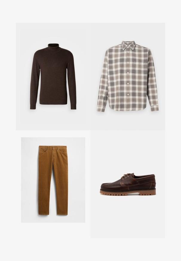 Bruine coltrui van zacht materiaal, met lange mouwen en een ribgebreide kraag. Glad oppervlak met een aansluitend ontwerp.; Langsleeve button-up shirt met een beige, grijze en witte ruitpatroon en een borstzak, plat weergegeven tegen een witte achtergrond.; Bruine corduroy broek met een rechte pijp, voorzien van vijf zakken en een metalen knoopsluiting aan de taille. Gestructureerde stof.; Bruine leren bootschoen met stikdetails, vetersluiting en robuuste rubberen zool met textuurprofielen voor grip.