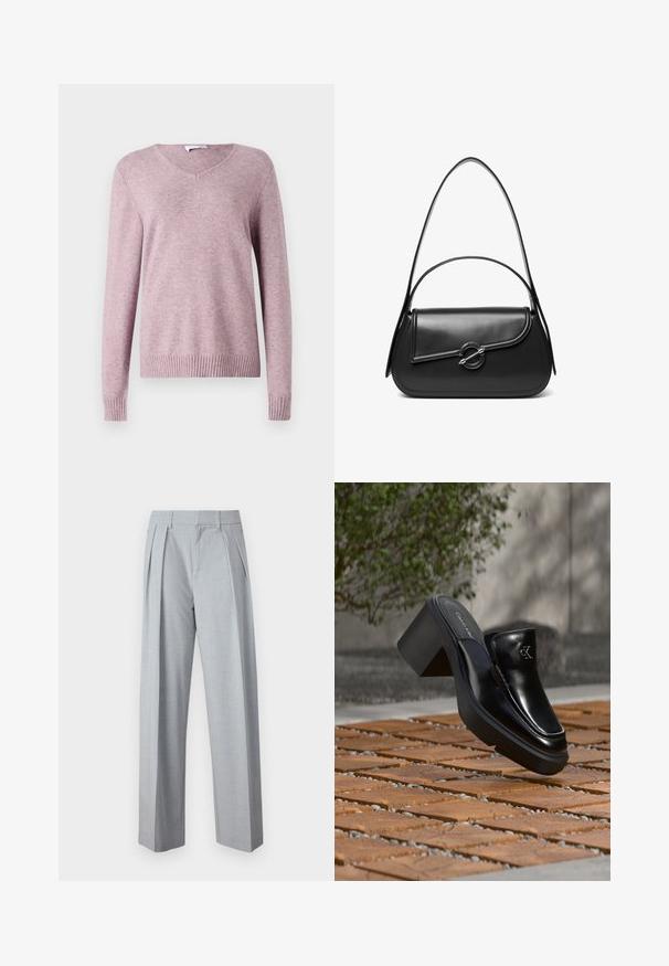 VILA VIRIL V-NECK L/S KNIT TOP - NOOS - Svetrík - toadstool; Good American SUITING GOOD 90S PLEATED - Nohavice - grey; Čierne kožené šľapky Calvin Klein s blokovým podpätkom, ktoré oddychujú na drevených dlaždiciach vonku blízko zelenej rastliny a šedej steny.; Čierna kožená kabelka cez rameno s zakriveným chlopňovým uzáverom, ktorý je zabezpečený okrúhlym kovovým zapínaním a úzkym, nastaviteľným remienkom.