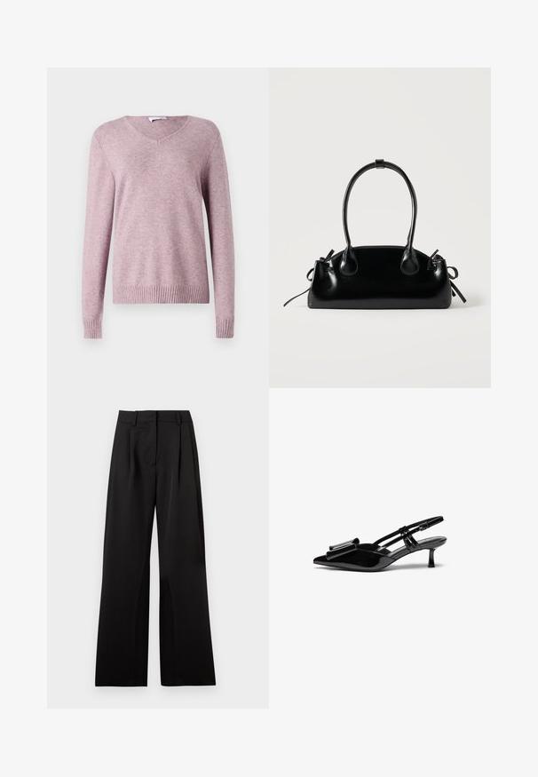 VILA VIRIL V-NECK L/S KNIT TOP - NOOS - Svetrík - toadstool; Čierne široké nohavice s hladkou textúrou, prednými záhybmi, plochým pásom a pútkami na opasok. Jednoduchý, dobre padnúci dizajn.; Čierne lakované kožené slingback opätky s špicatou špičkou, mašľou na prednej strane a malým ihličkovým podpätkom. Popruhy majú nastaviteľné spony.; Malá čierna lesklá kabelka s dvoma dlhými rúčkami a bočnými šnúrkovými detailmi na jednoduchom svetlom pozadí.