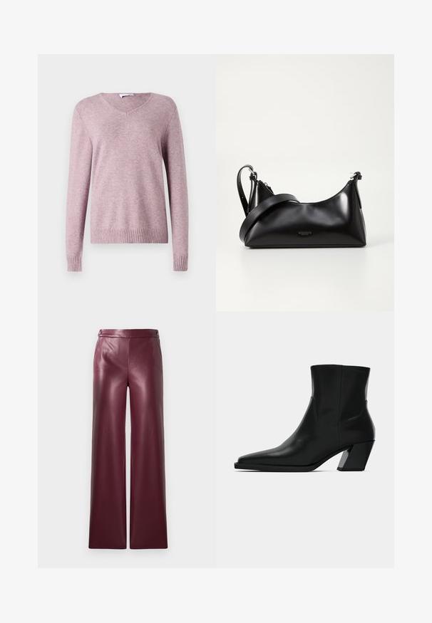 VILA VIRIL V-NECK L/S KNIT TOP - NOOS - Džemper - toadstool; Burgundi faux nahkantsad, millel on laiad sääred, sile tekstuur ja nööbiga detailid vööümbrikus.; Must must jalatsid mustast nahast, terava ninaga, stiilne siluett ja jäme ruudukujuline konts. Sile tekstuur, millel on minimaalsed õmblemise detailid.; Mustmust nahkaga kott sileda tekstuuriga. Omab reguleeritavat rihma ja sujuvat, minimalistlikku disaini, millel on lukuga sulgemine.