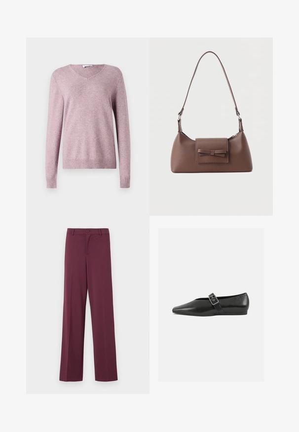 VILA VIRIL V-NECK L/S KNIT TOP - NOOS - Πουλόβερ - toadstool; Κάτασπρο παντελόνι με φαρδιά πόδια, κατασκευασμένο από λείο ύφασμα. Διαθέτει κλείσιμο με κουμπί και κλασικές τσέπες. Απλός σχεδιασμός χωρίς μοτίβα ή αξεσουάρ.; Μαύρο δερμάτινο παπούτσι φλατ με μυτερή μύτη, διαθέτοντας μια μεταλλική πόρπη που διασχίζει το κέντρο του ποδιού και μια χαμηλή, ευέλικτη σόλα.; Καφέ δερμάτινη τσάντα ώμου με μπροστινή τσέπη με καπάκι, διακοσμημένη με ραμμένη λεπτομέρεια φιόγκου και ρυθμιζόμενο λουρί.