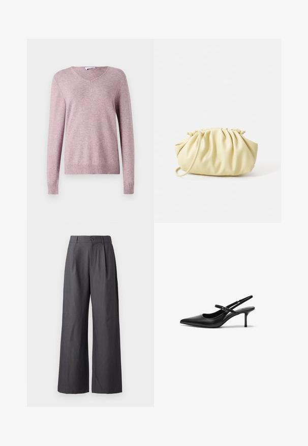VILA VIRIL V-NECK L/S KNIT TOP - NOOS - Trui - toadstool; Donkergrijze broek met wijde pijpen, plooien, riemlussen en een knoopsluiting in de taille, afgebeeld op een effen achtergrond.; Zwarte leren slingback hakken met een puntige neus, slanke verstelbare band en een ongeveer 5 cm hoge stiletto hak, met een gladde textuur.; Geel geplooide handtas van soepel nepleer, met een zachte vorm, een enkele schouderriem en een verzameld ontwerp aan de bovenkant.