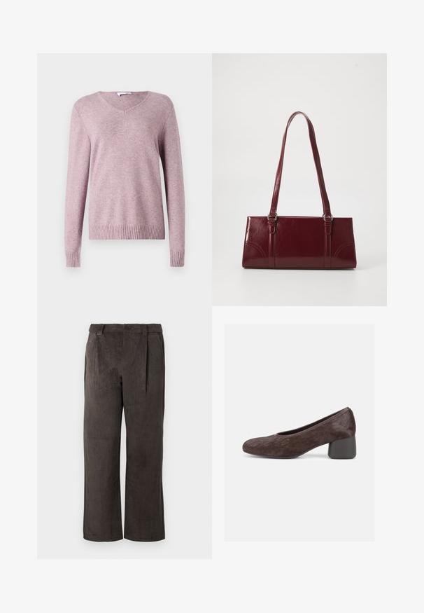 VILA VIRIL V-NECK L/S KNIT TOP - NOOS - Πουλόβερ - toadstool; Καβουρό παντελόνια σε σκούρο καφέ χρώμα, με ίσια γραμμή, πιέτες στο μπροστά μέρος και πλαϊνές τσέπες. Η υφή είναι ραβδωτή και απαλή.; Καφέ γυναικείο παπούτσι με χαμηλό τακούνι, στρογγυλεμένη μύτη και υφασμένο επάνω μέρος, με τετράγωνο τακούνι και σχεδιασμό slip-on.; Μπορντό τσάντα ώμου από γυαλιστερό υλικό, ορθογώνιο σχήμα, με δύο ιμάντες ώμου και λεπτές καμπύλες λεπτομέρειες στο μπροστινό μέρος.