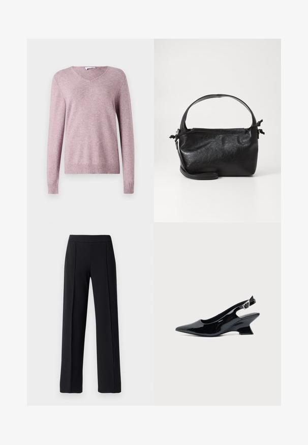 VILA VIRIL V-NECK L/S KNIT TOP - NOOS - Džemper - toadstool; Mustad mustriga püksid laia jala kujundusega, valmistatud siledast, venivast kangast; ees pleedid ja elastne vöökoht.; Mustast lakknahast slingback king, millel on terav nina ja madal kalle plokktald, ühtlase heleda taustaga.; Must mustrikujundusega must nahast käekott, ümarate pealmiste käepidemete ja eemaldatava õlalihaga. Omab siledat tekstuuri ja peent sära.