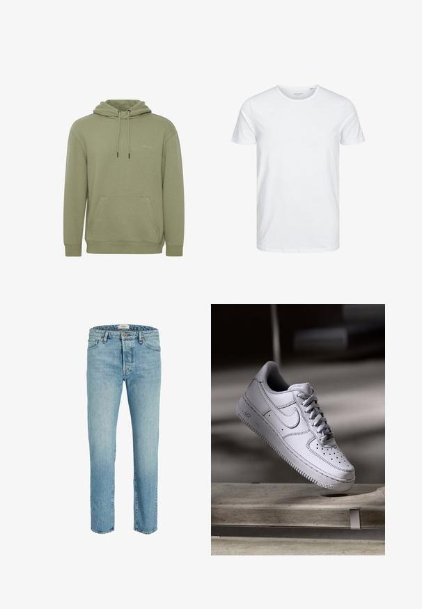 Olivegrüner Kapuzenpullover aus weichem Material. Verfügt über eine Taschenfront, verstellbare Kordeln und ein dezentes Logo auf der Brust.; Rundhals-T-Shirt mit kurzen Ärmeln in reinem Weiß, aus weicher Baumwolle, mit einem schlichten Design ohne sichtbare Muster oder Akzente.; Helle blaue Denim-Jeans mit geradem Bein, standardmäßigem Fünf-Taschen-Stil und Knopfverschluss an der Taille.; Weißer Nike Air Force 1 Sneaker aus Leder mit perforierter Zehenpartie, flachen Schnürsenkeln und strukturierter Gummisohle mit "AIR"-Branding an der Seite.