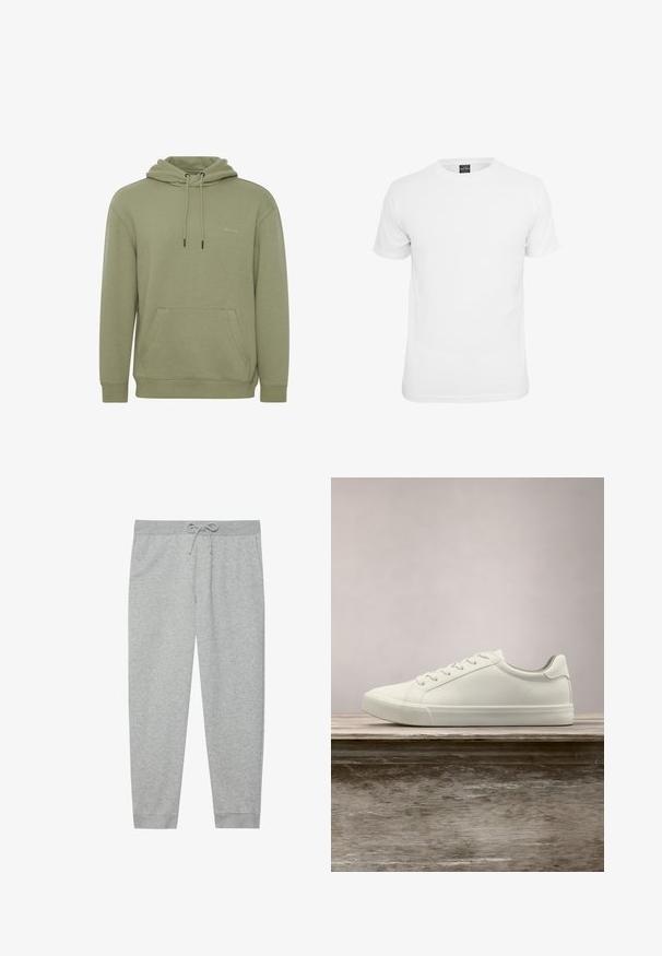 Sweat à capuche vert olive en tissu doux. Comprend une poche avant, des cordons de serrage ajustables et un logo subtil sur la poitrine.; T-shirt blanche à manches courtes, en coton, avec un col rond et une texture lisse, conçue pour un usage décontracté.; Pantalon de survêtement gris en mélange de coton doux, avec une taille élastique et un cordon de serrage, des poches latérales et des poignets fuselés.; Sneaker en dentelle blanche flottant au-dessus d'un banc en bois avec un feuillage vert en arrière-plan, mettant en valeur le design et la texture de la chaussure.